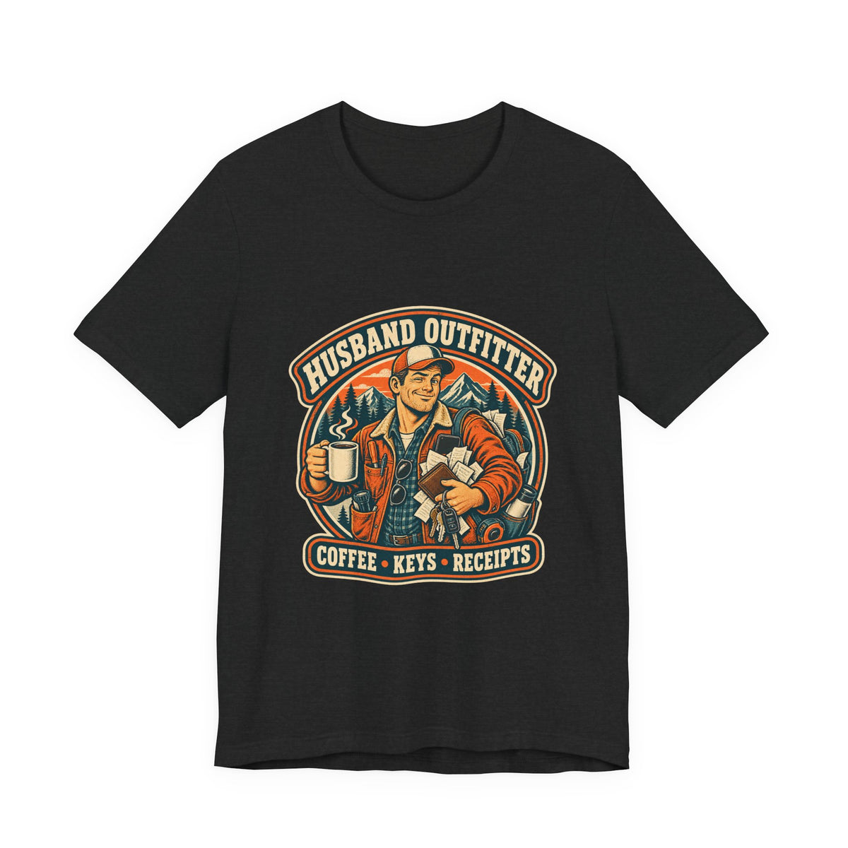 Husband Outfitter Coffee Keys Receipts T-Shirt — Retro Multitasker Husband Humor Tee