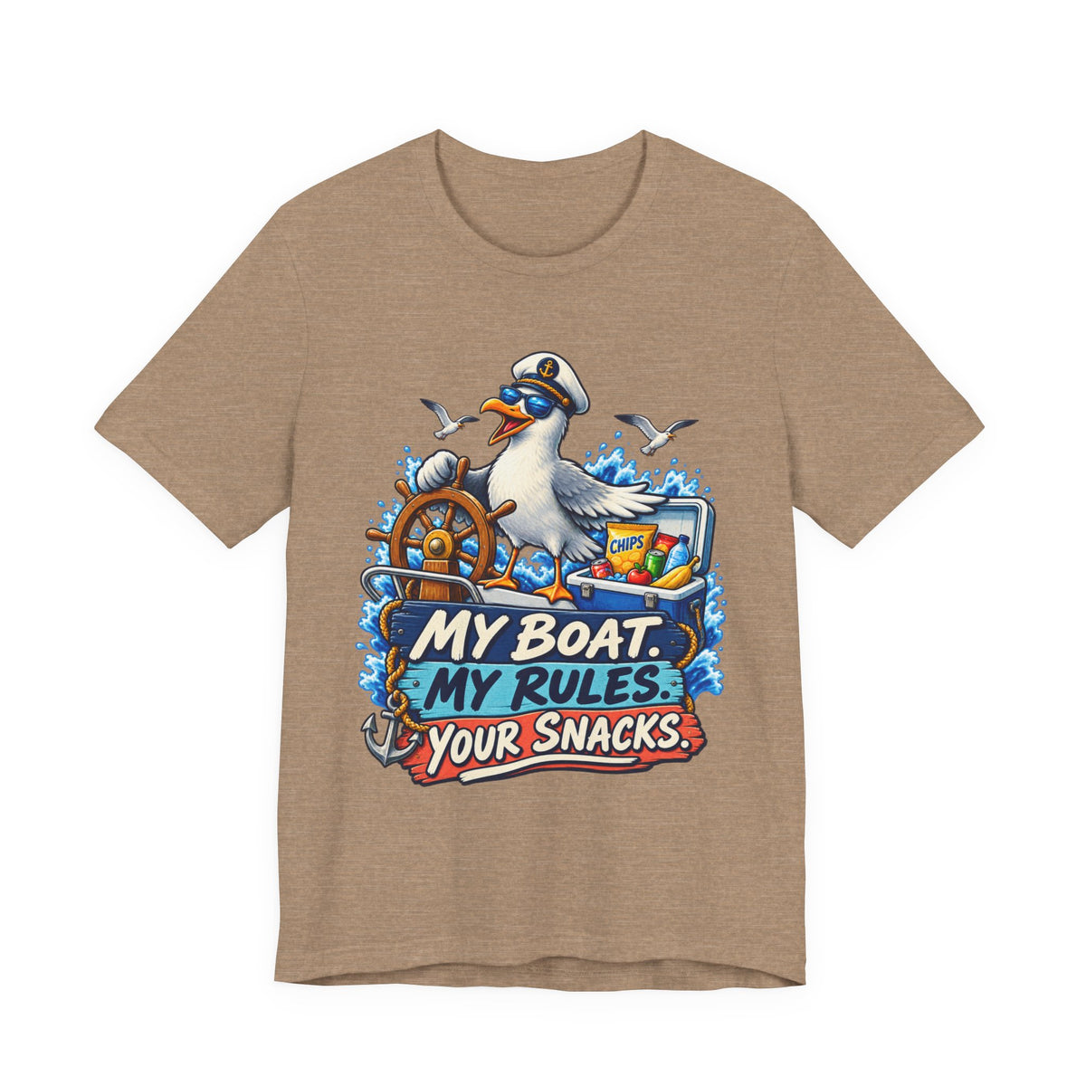 My Boat My Rules Your Snacks T-Shirt — Funny Nautical Seagull Captain Boating Tee