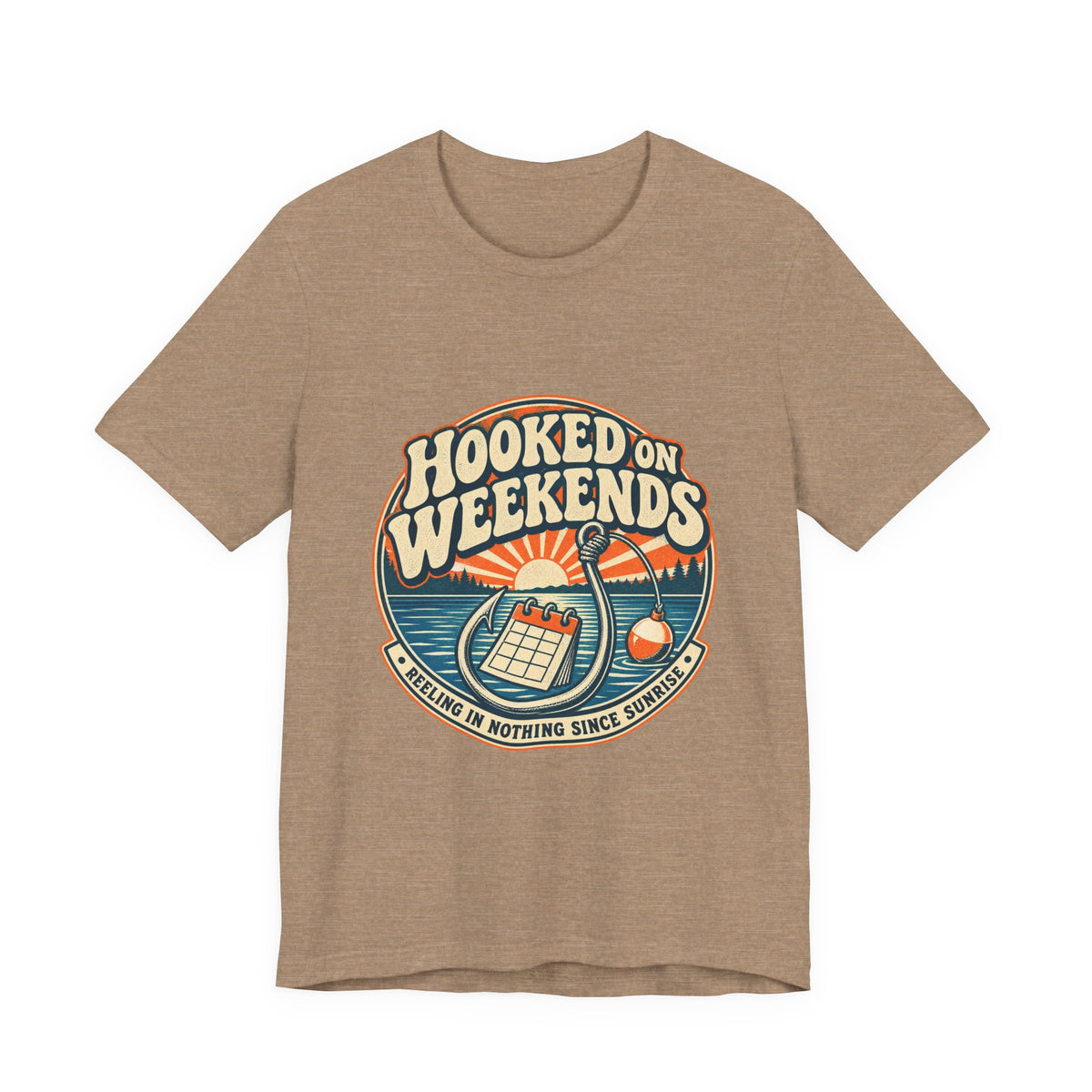 Hooked on Weekends Fishing T-Shirt — Vintage Lake Reel & Sunrise Tee