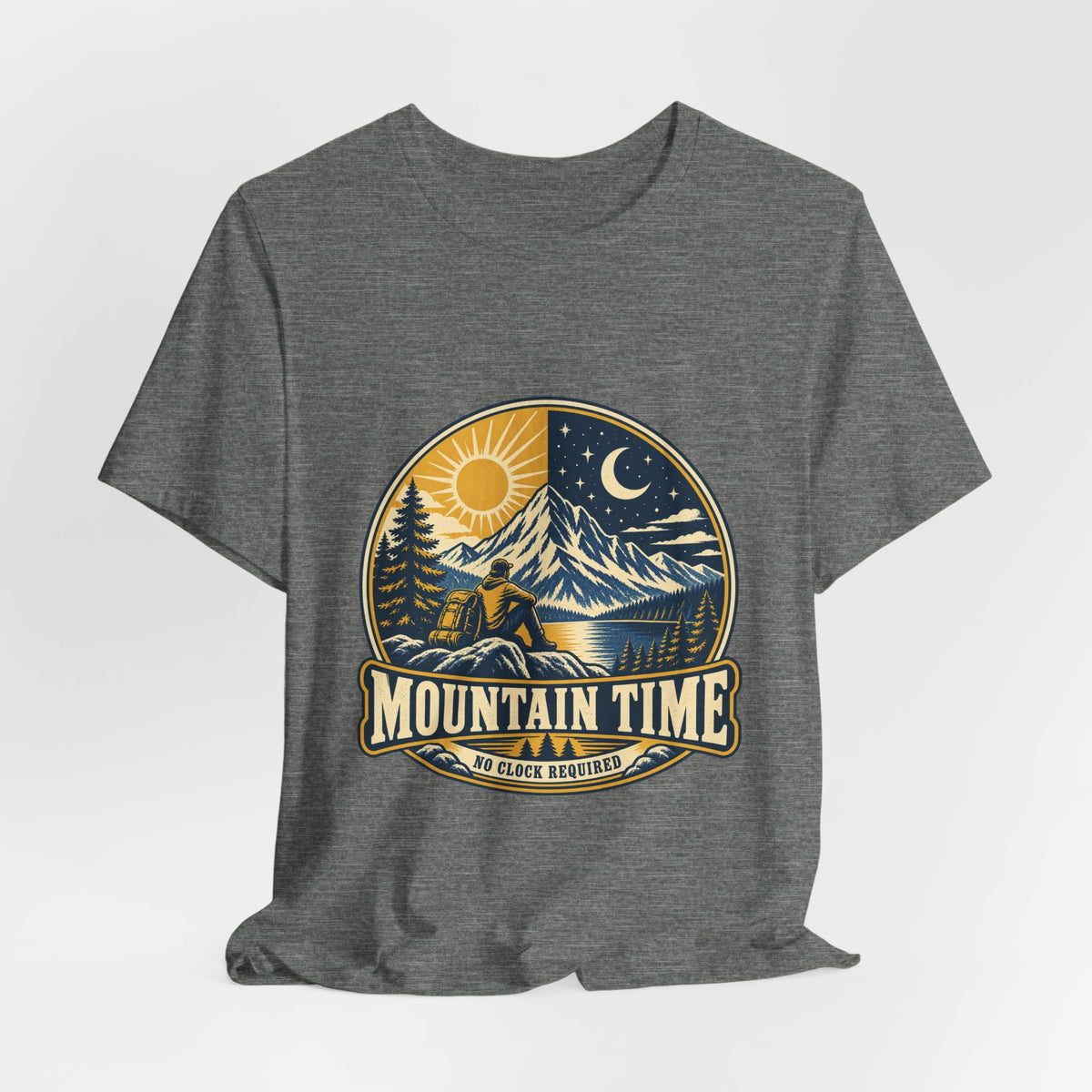 Mountain Time T-Shirt, No Clock Required Vintage Hiking Mountain Lake Tee