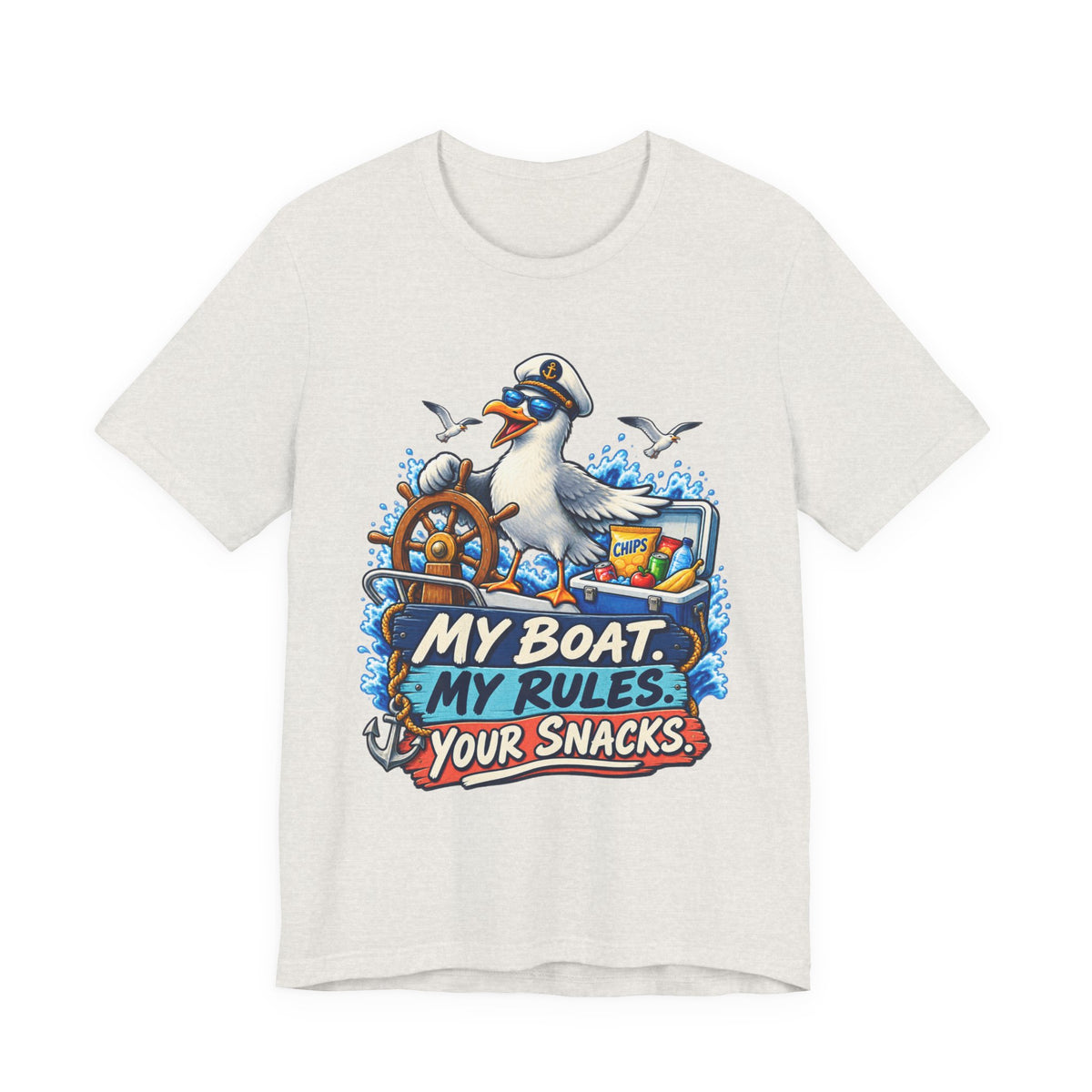 My Boat My Rules Your Snacks T-Shirt — Funny Nautical Seagull Captain Boating Tee