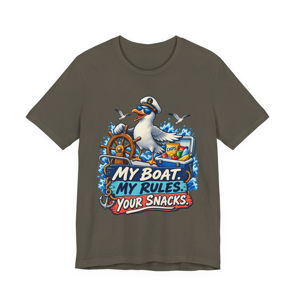 My Boat My Rules Your Snacks T-Shirt — Funny Nautical Seagull Captain Boating Tee
