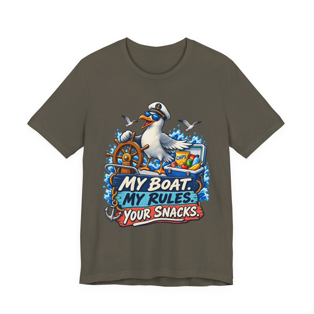 My Boat My Rules Your Snacks T-Shirt — Funny Nautical Seagull Captain Boating Tee