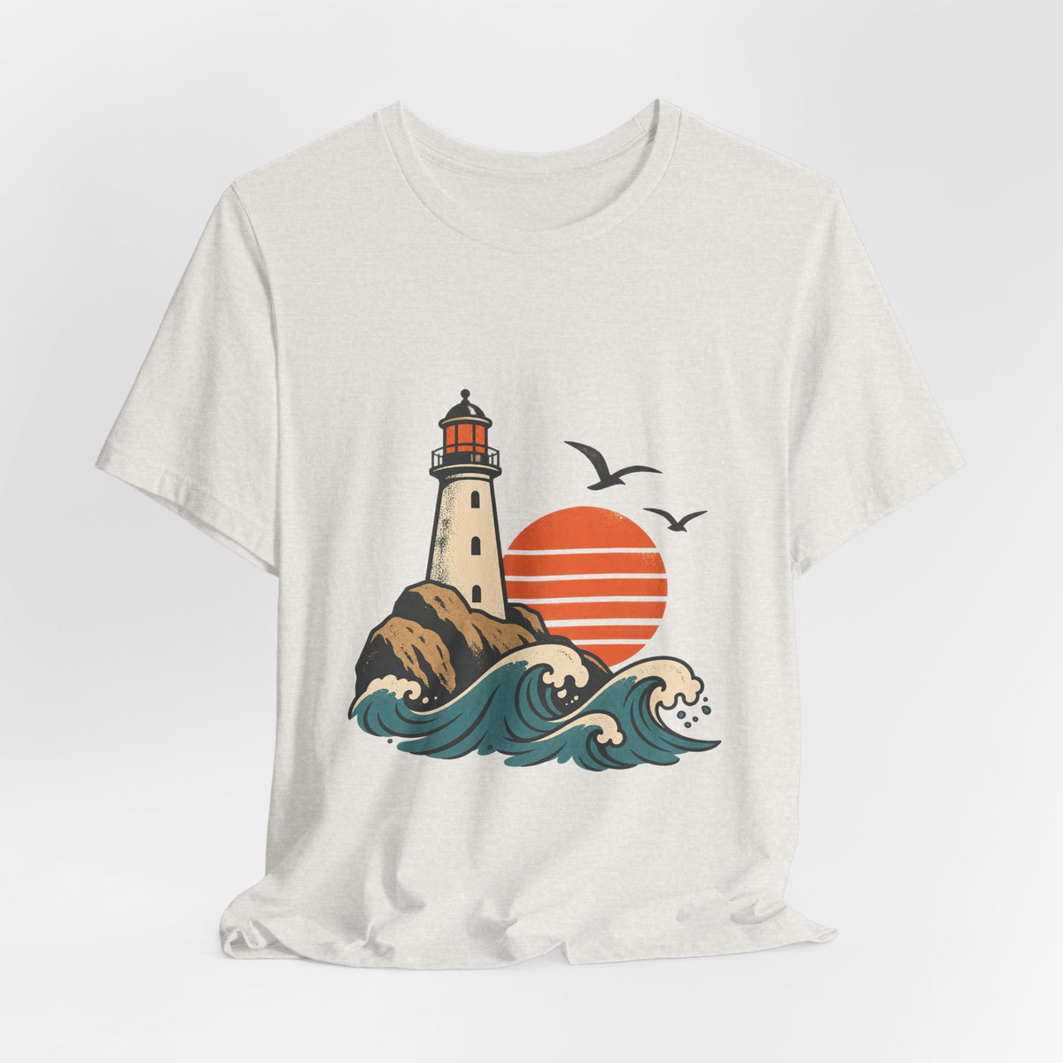 Vintage Coastal Lighthouse Sunset T-Shirt — Ocean Waves, Seagulls & Seaside Adventure