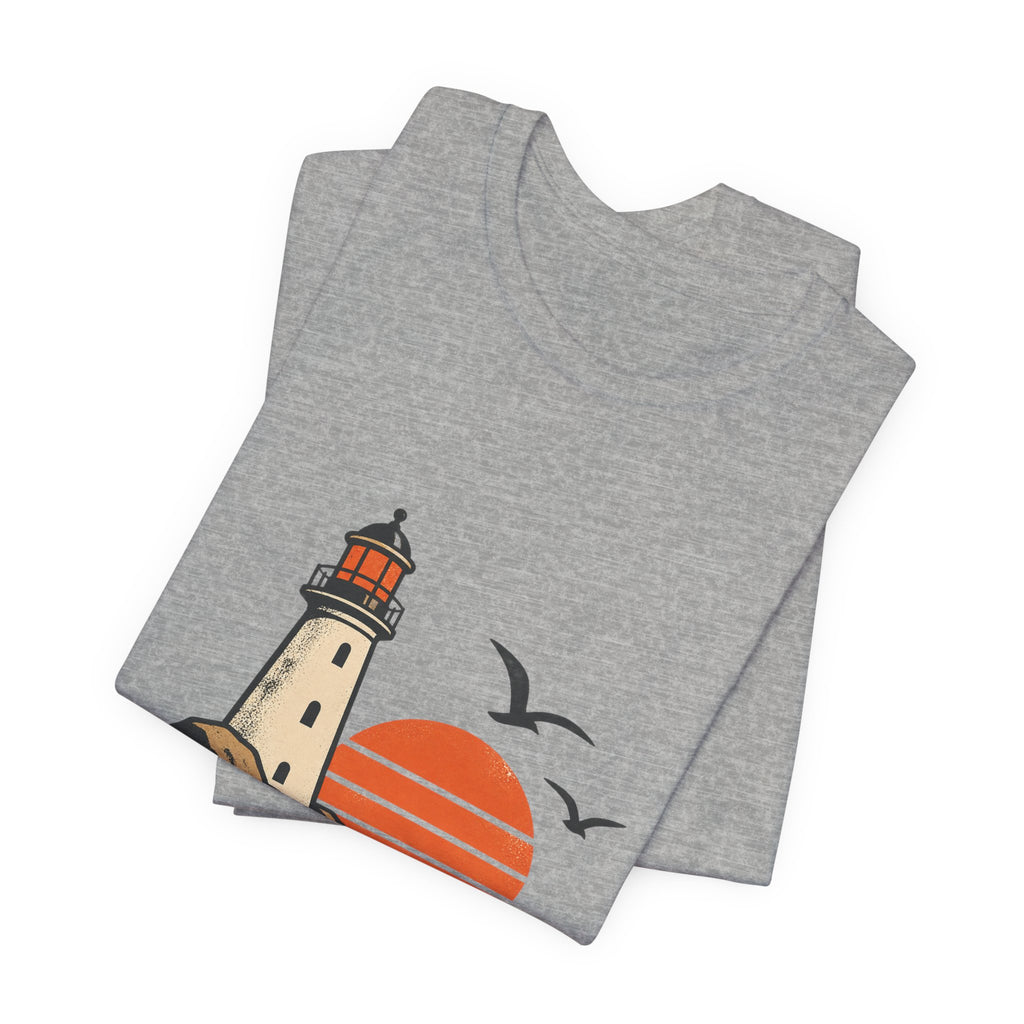 Vintage Coastal Lighthouse Sunset T-Shirt — Ocean Waves, Seagulls & Seaside Adventure