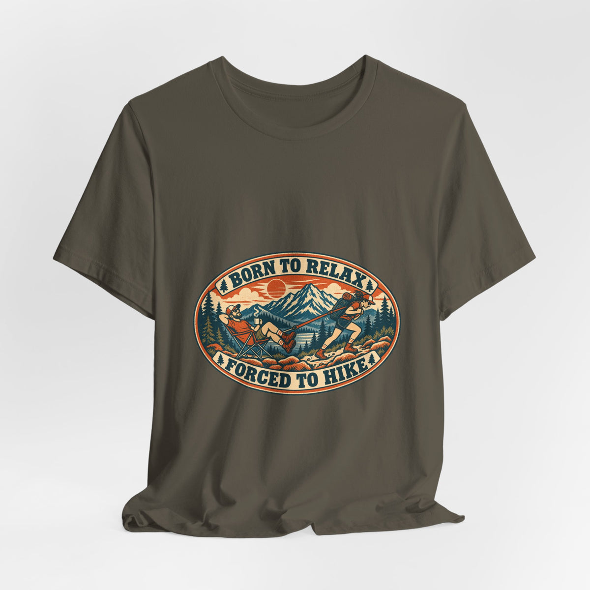 Born to Relax Forced to Hike T-Shirt — Funny Vintage Hiking and Camping Tee