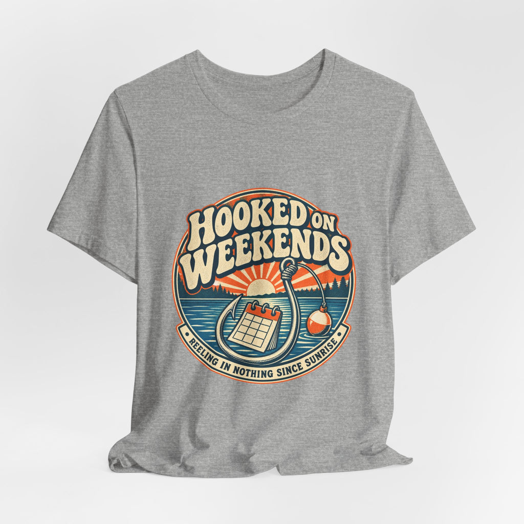 Hooked on Weekends Fishing T-Shirt — Vintage Lake Reel & Sunrise Tee
