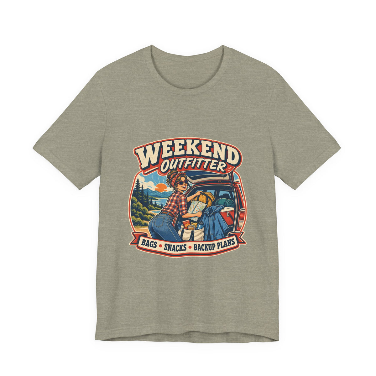 Weekend Outfitter Vintage Adventure T-Shirt — Bags Snacks Backup Plans Retro Road Trip Tee