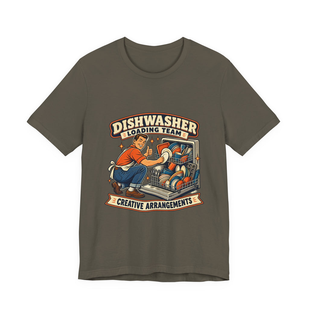 Dishwasher Loading Team T-Shirt, Creative Arrangements Retro Kitchen Humor Tee