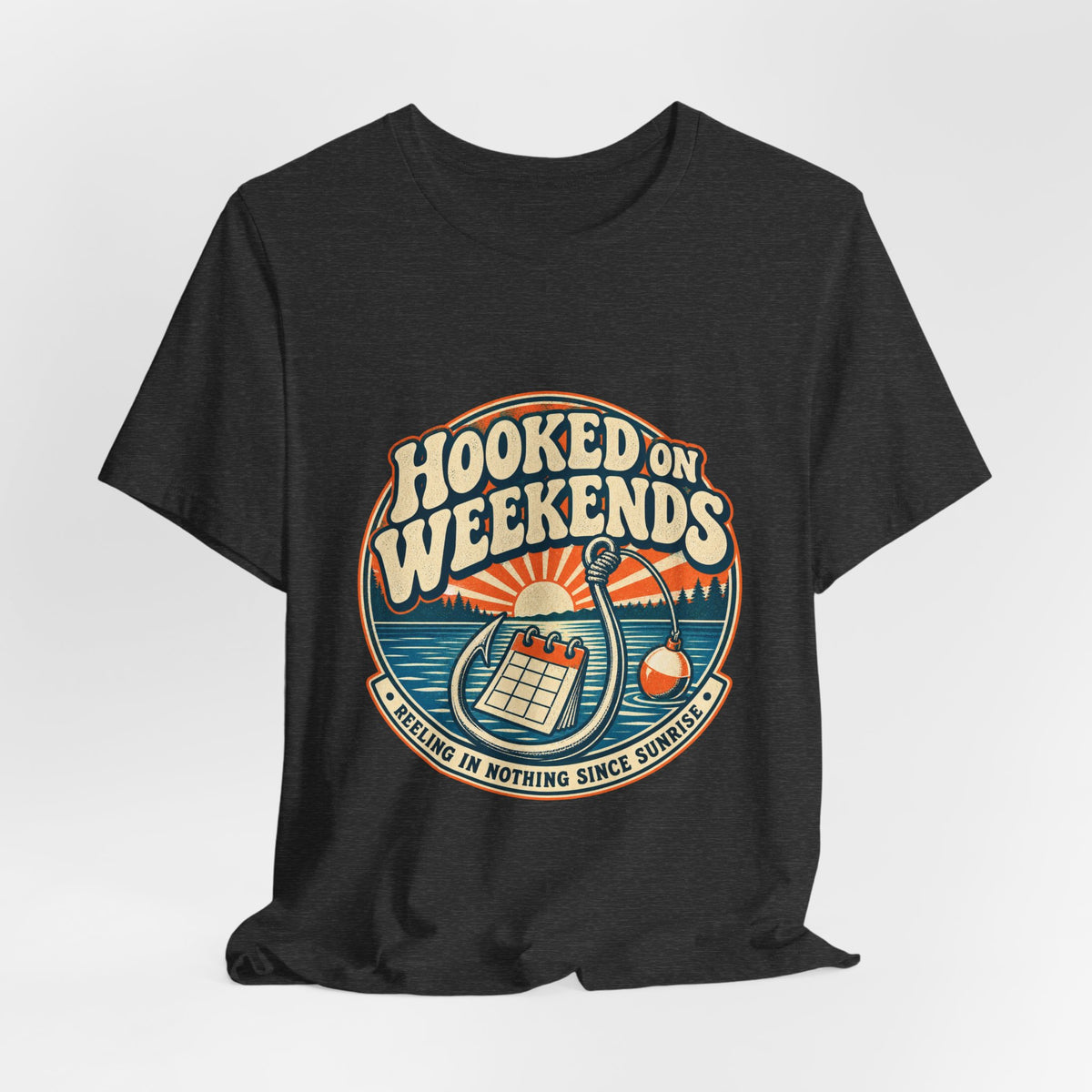 Hooked on Weekends Fishing T-Shirt — Vintage Lake Reel & Sunrise Tee
