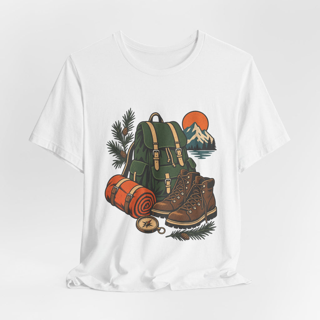 Vintage Hiking Adventure T-Shirt — Backpack, Boots, Compass and Mountain Camping Design