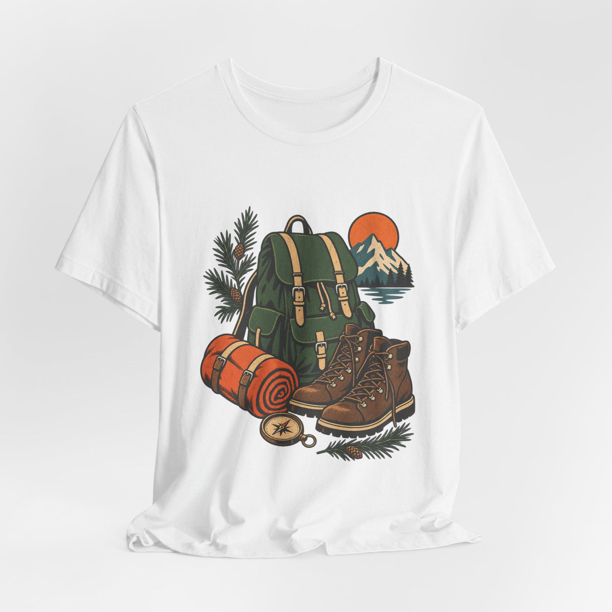 Vintage Hiking Adventure T-Shirt — Backpack, Boots, Compass and Mountain Camping Design