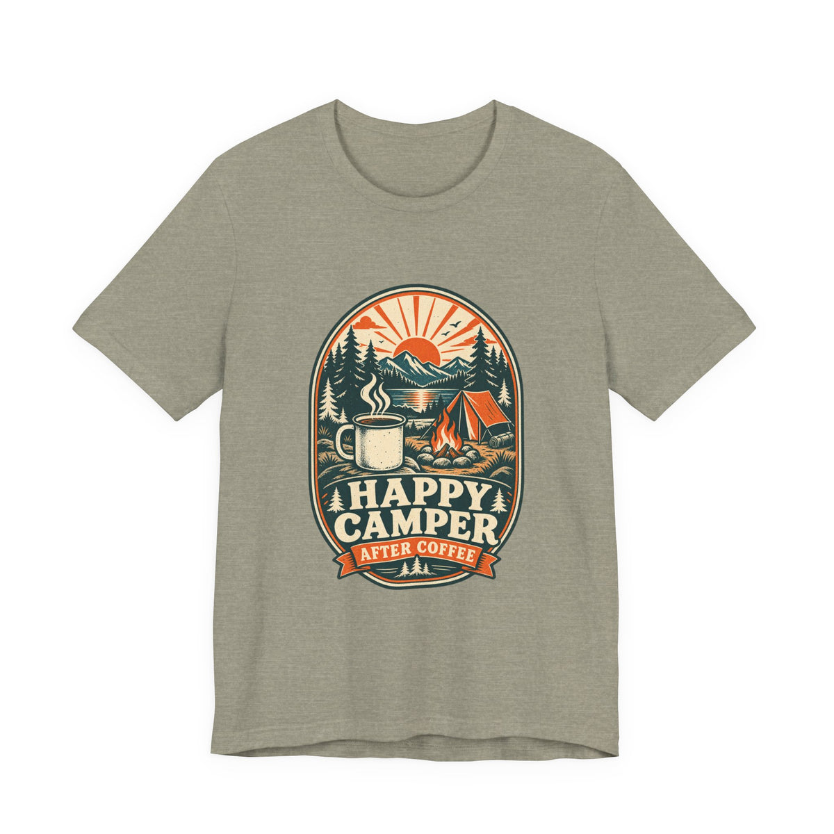 Happy Camper After Coffee T-Shirt — Vintage Camping Mug, Campfire & Mountain Tee