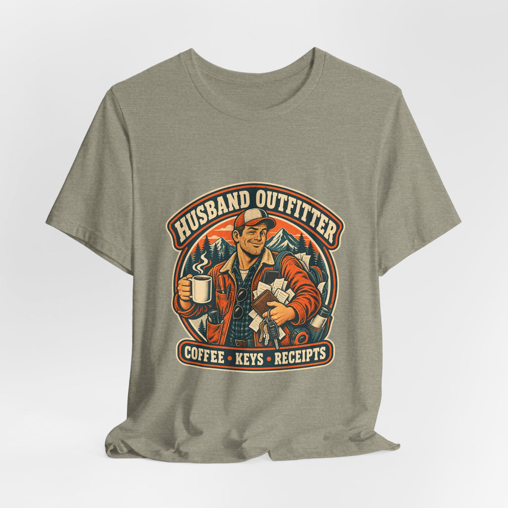 Husband Outfitter Coffee Keys Receipts T-Shirt — Retro Multitasker Husband Humor Tee