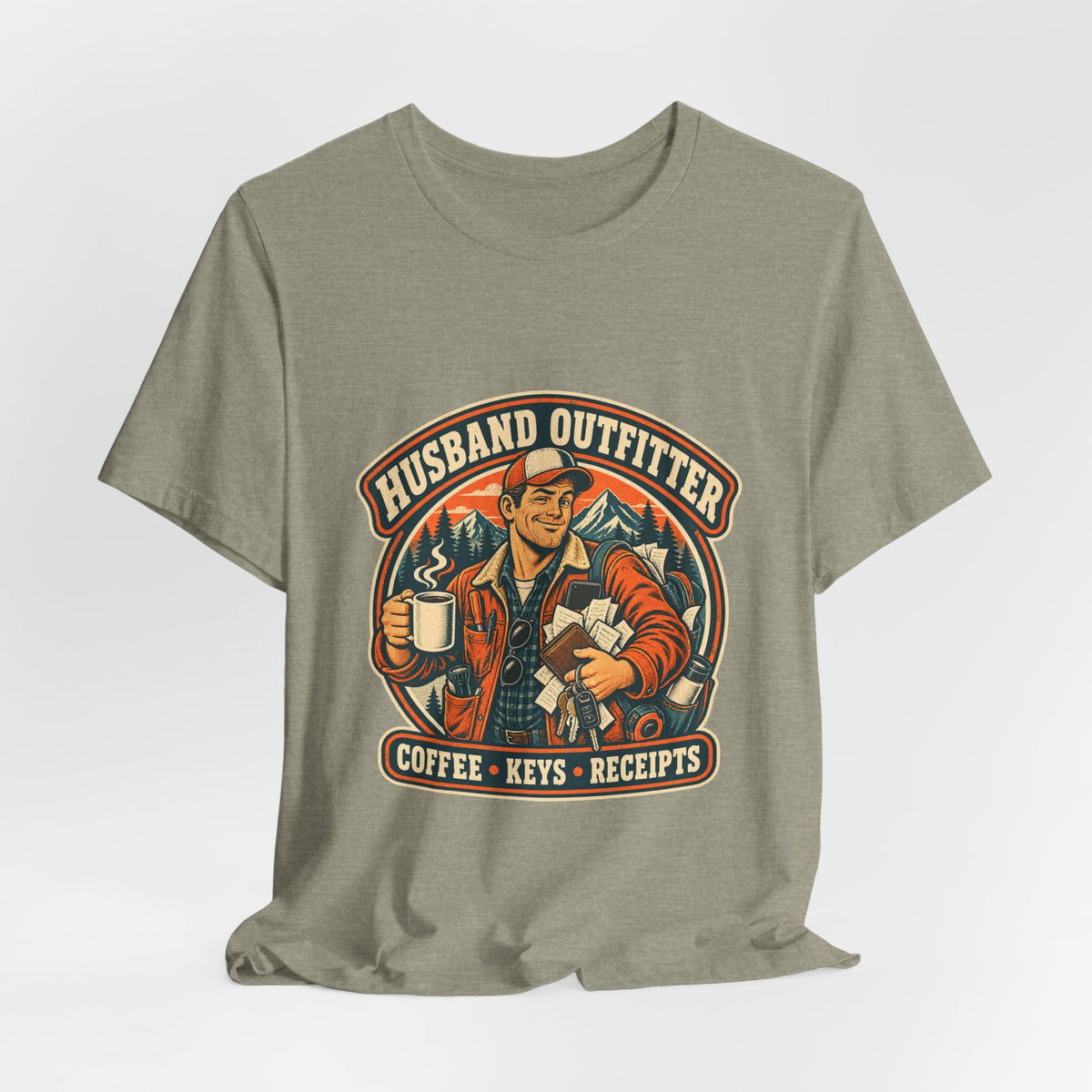Husband Outfitter Coffee Keys Receipts T-Shirt — Retro Multitasker Husband Humor Tee