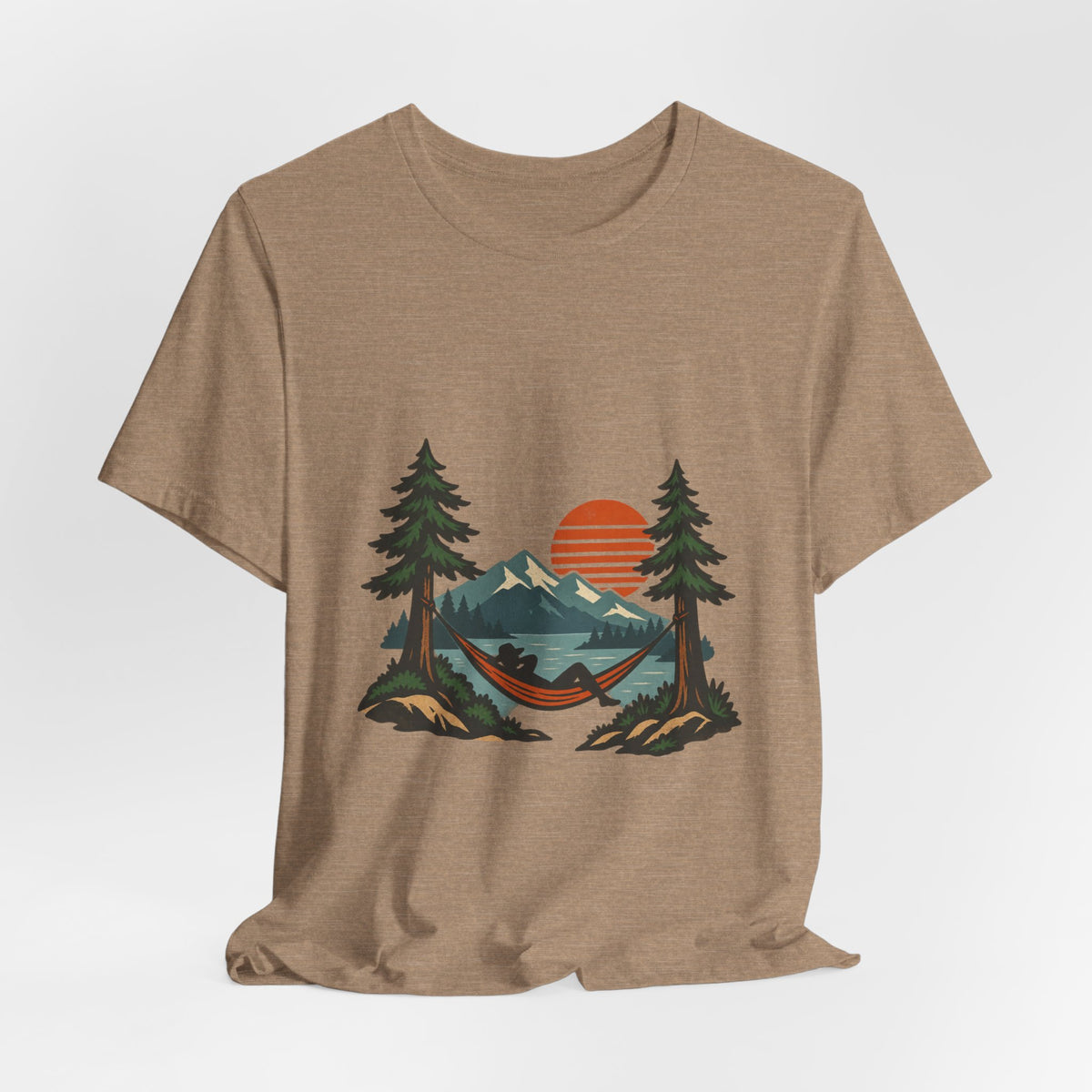 Vintage Hammock Sunset T-Shirt — Mountain Lake Camping and Outdoor Relaxation Tee