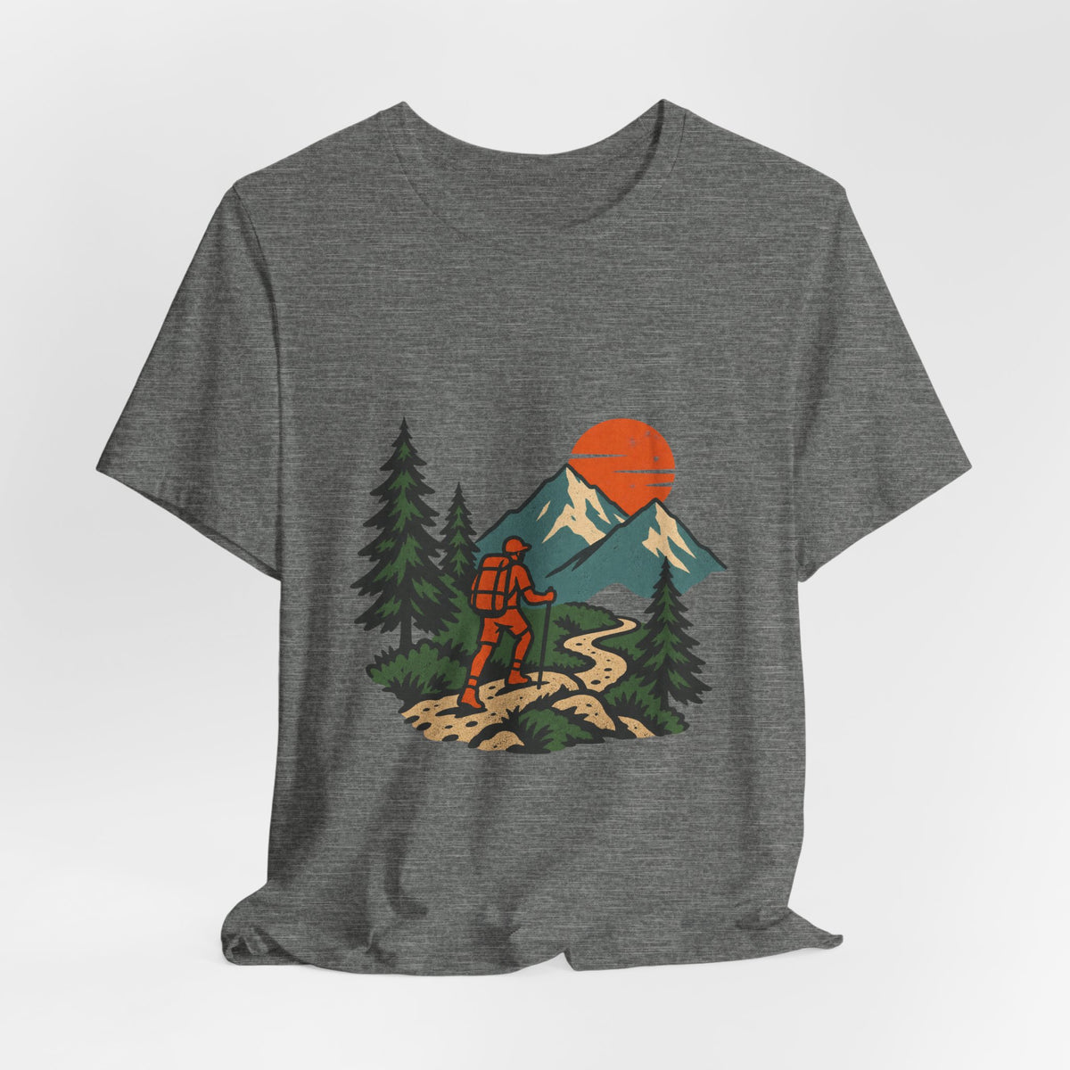 Retro Trail Hiker Mountain Sunset T-Shirt — Vintage Hiking Adventure Tee