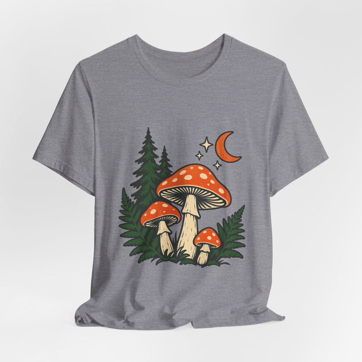 Vintage Mushroom Moon T-Shirt — Enchanted Forest Fungi Night Design
