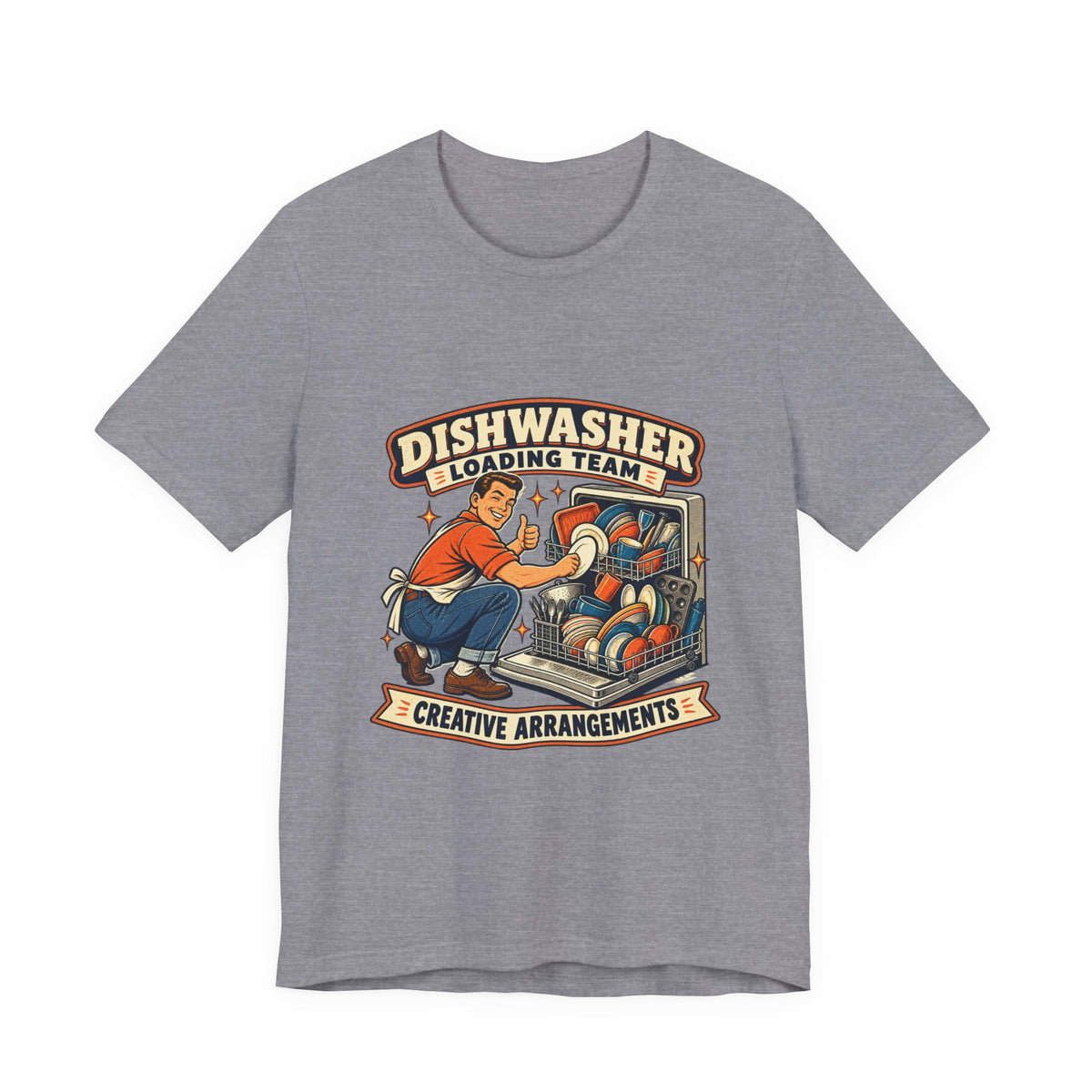 Dishwasher Loading Team T-Shirt, Creative Arrangements Retro Kitchen Humor Tee