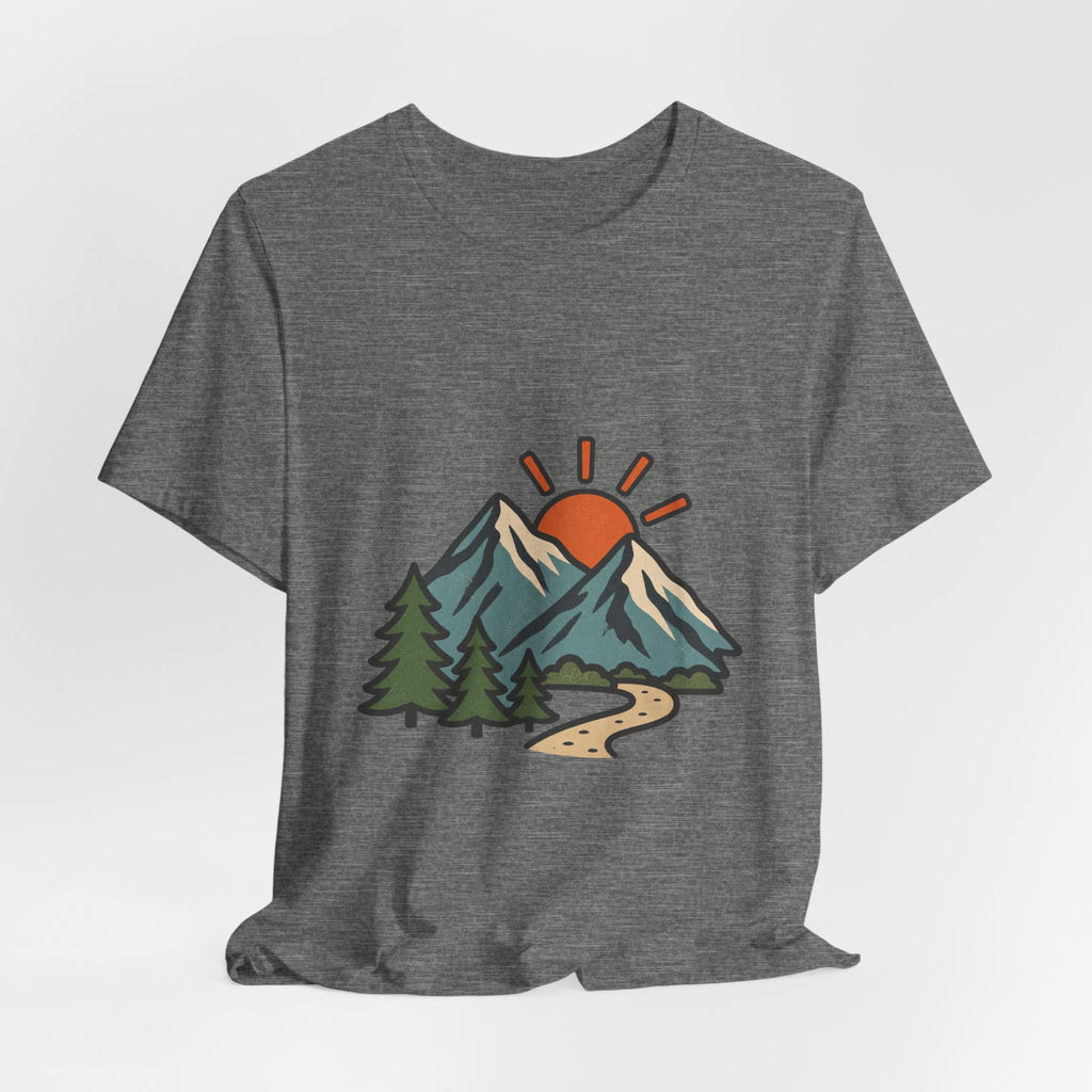 Vintage Mountain Sunrise T-Shirt — Retro Pine Trees, Scenic Hiking Trail & Outdoor Adventure Tee