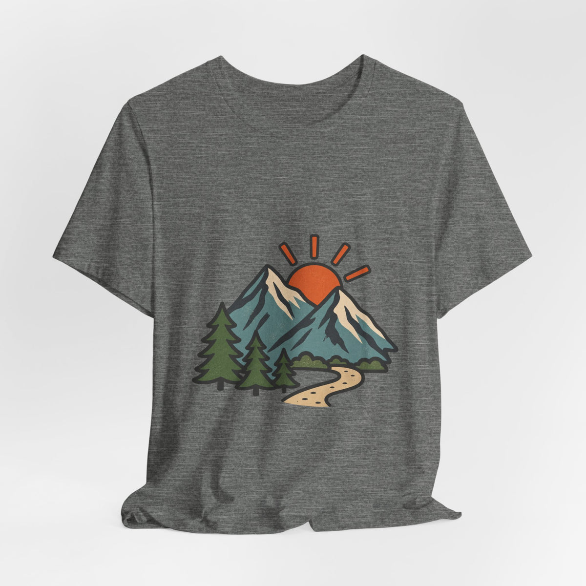 Vintage Mountain Sunrise T-Shirt — Retro Pine Trees, Scenic Hiking Trail & Outdoor Adventure Tee