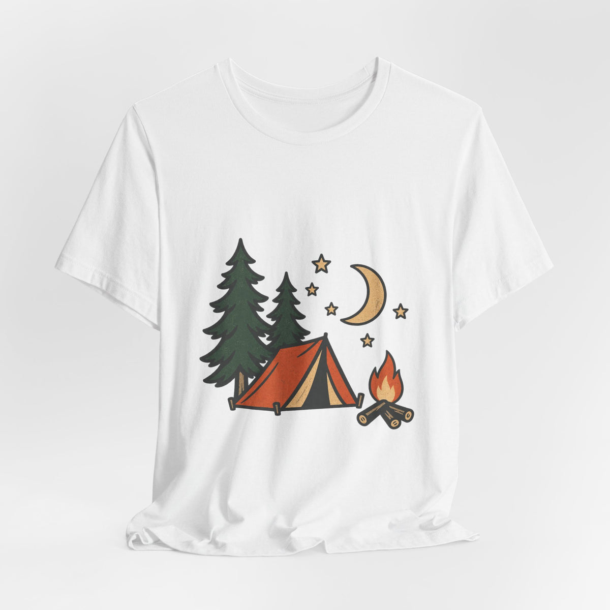 Vintage Camping Night T-Shirt with Tent, Campfire, Pine Trees, Moon and Stars