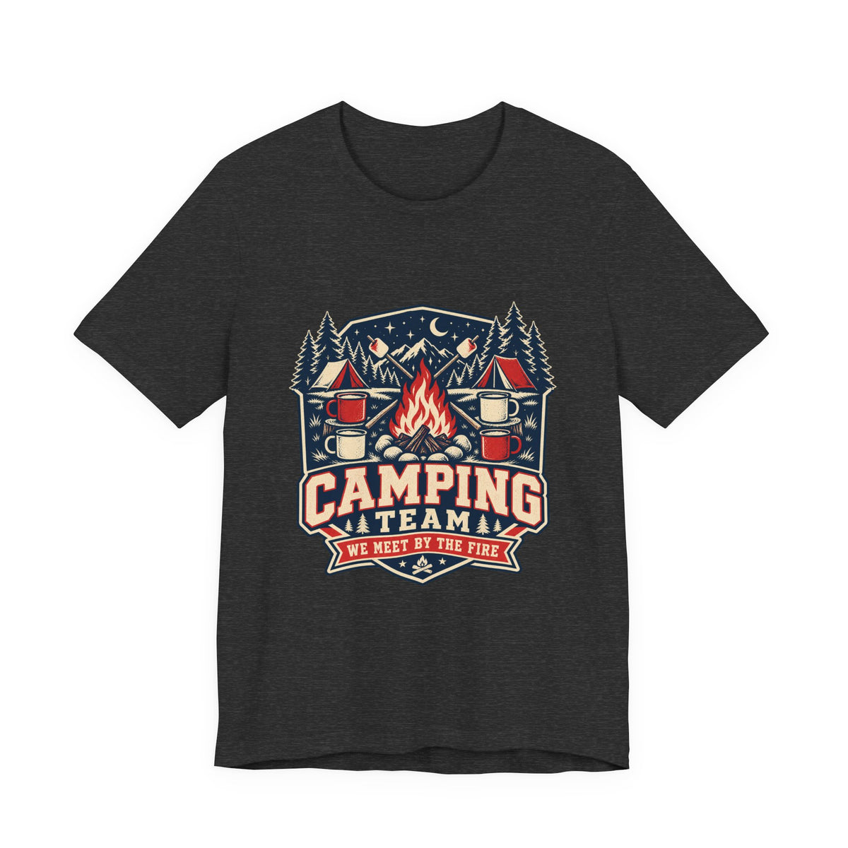 Camping Team T-Shirt — Vintage Campfire Adventure Tee with “We Meet by the Fire”