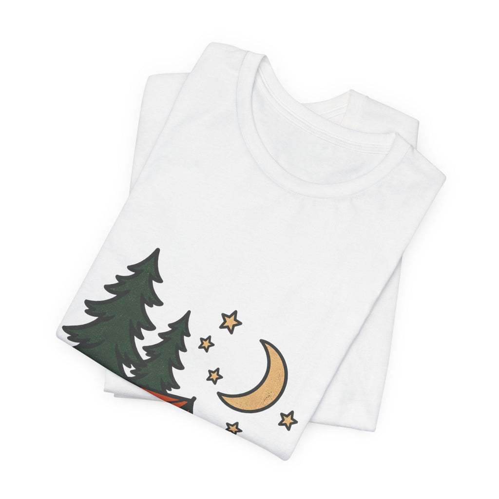 Vintage Camping Night T-Shirt with Tent, Campfire, Pine Trees, Moon and Stars