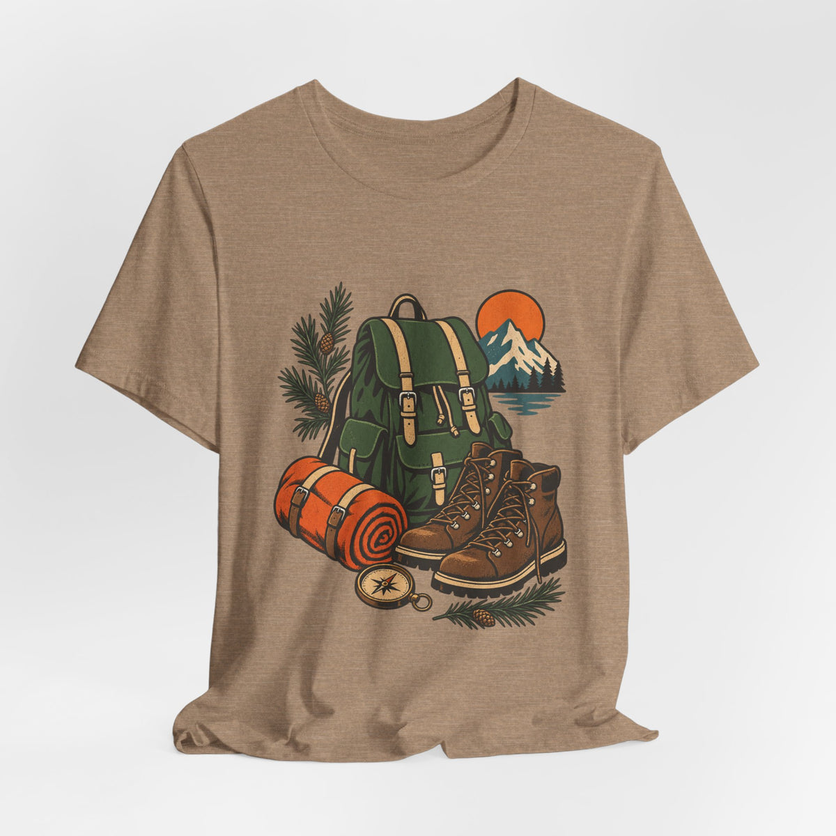 Vintage Hiking Adventure T-Shirt — Backpack, Boots, Compass and Mountain Camping Design