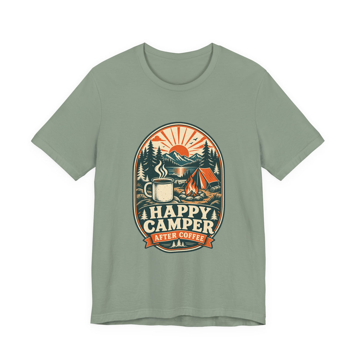 Happy Camper After Coffee T-Shirt — Vintage Camping Mug, Campfire & Mountain Tee