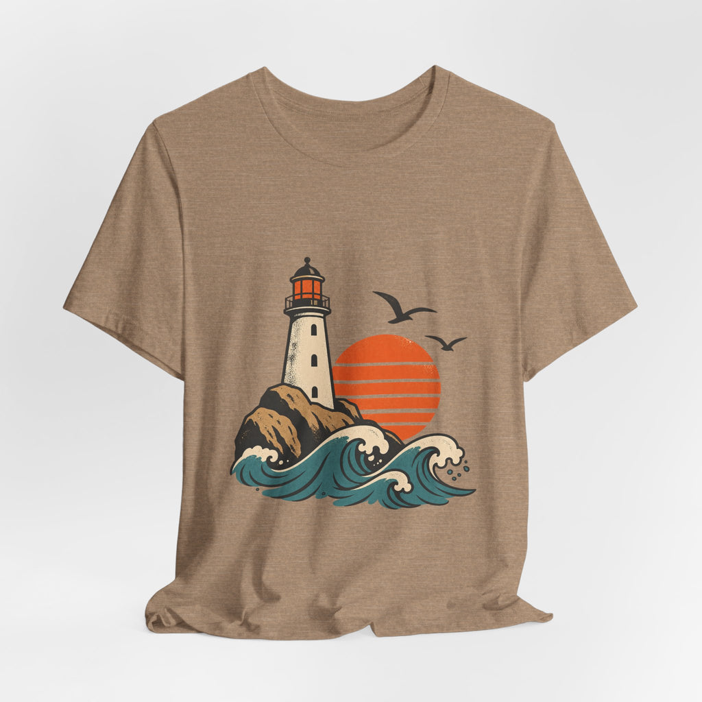 Vintage Coastal Lighthouse Sunset T-Shirt — Ocean Waves, Seagulls & Seaside Adventure