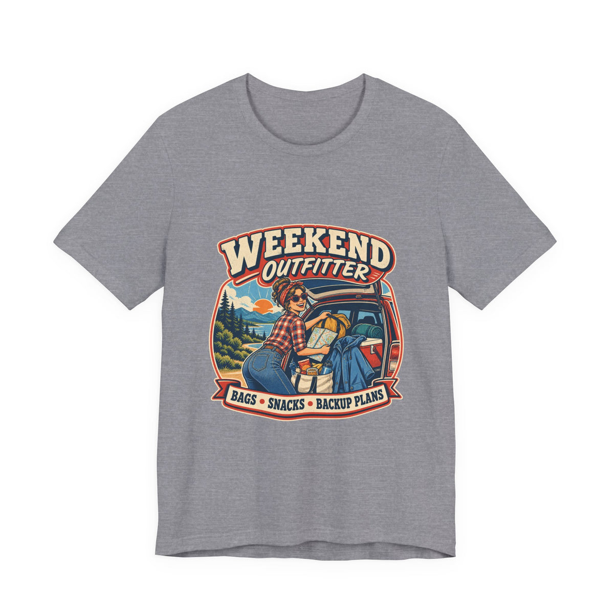 Weekend Outfitter Vintage Adventure T-Shirt — Bags Snacks Backup Plans Retro Road Trip Tee