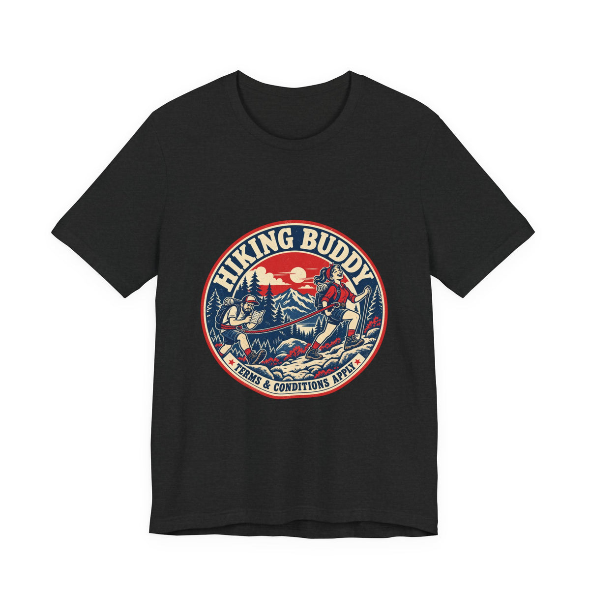 Hiking Buddy T-Shirt — Vintage Mountain Trekking Tee with Terms & Conditions Apply