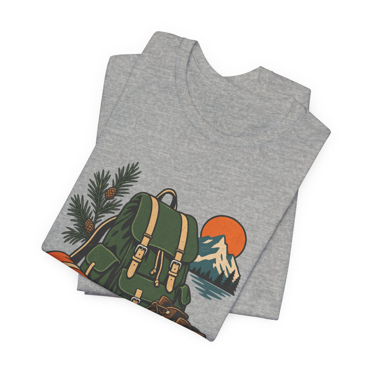 Vintage Hiking Adventure T-Shirt — Backpack, Boots, Compass and Mountain Camping Design