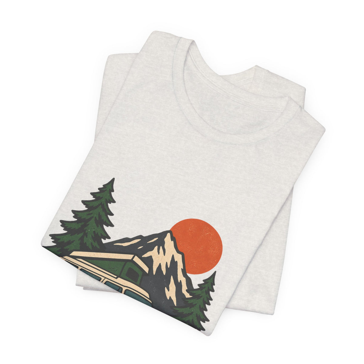 Retro Camper Van Camping T-Shirt — Mountain Road Trip & Campfire Adventure Tee