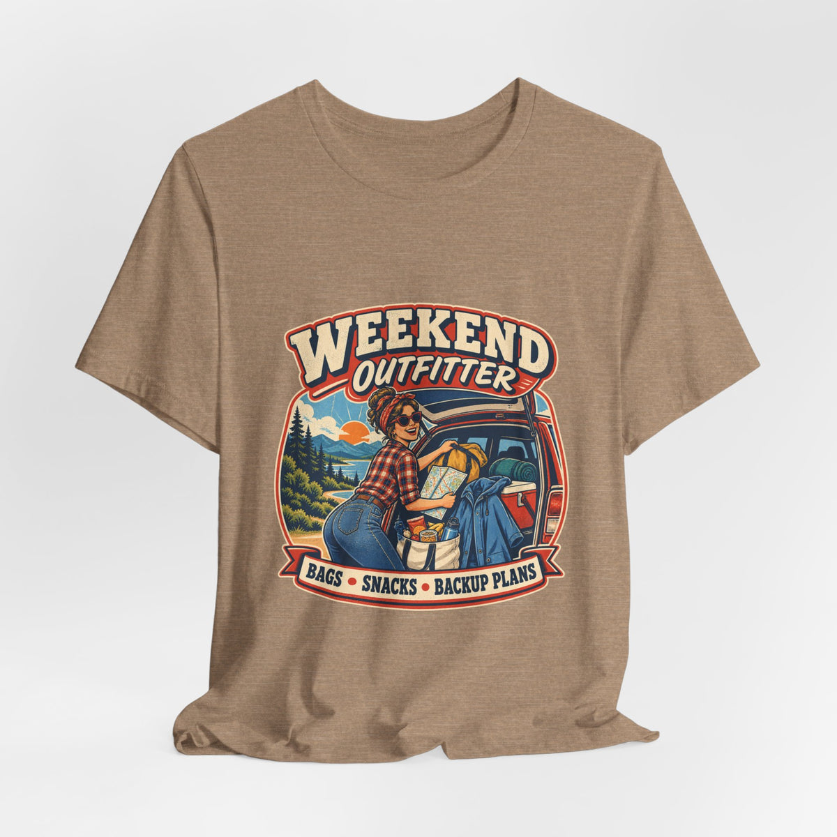 Weekend Outfitter Vintage Adventure T-Shirt — Bags Snacks Backup Plans Retro Road Trip Tee