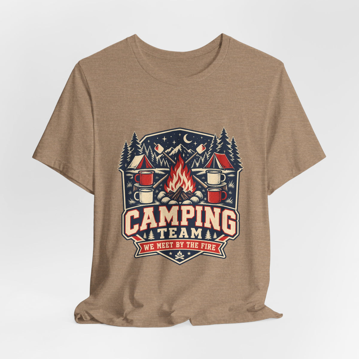 Camping Team T-Shirt — Vintage Campfire Adventure Tee with “We Meet by the Fire”