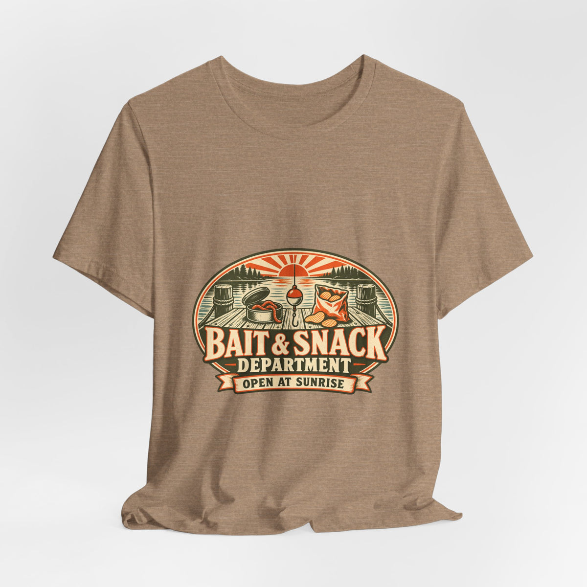 Bait & Snack Department T-Shirt — Open at Sunrise Fishing Dock Vintage Tee