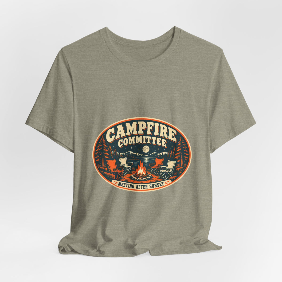 Campfire Committee T-Shirt — Meeting After Sunset Vintage Camping Badge Tee