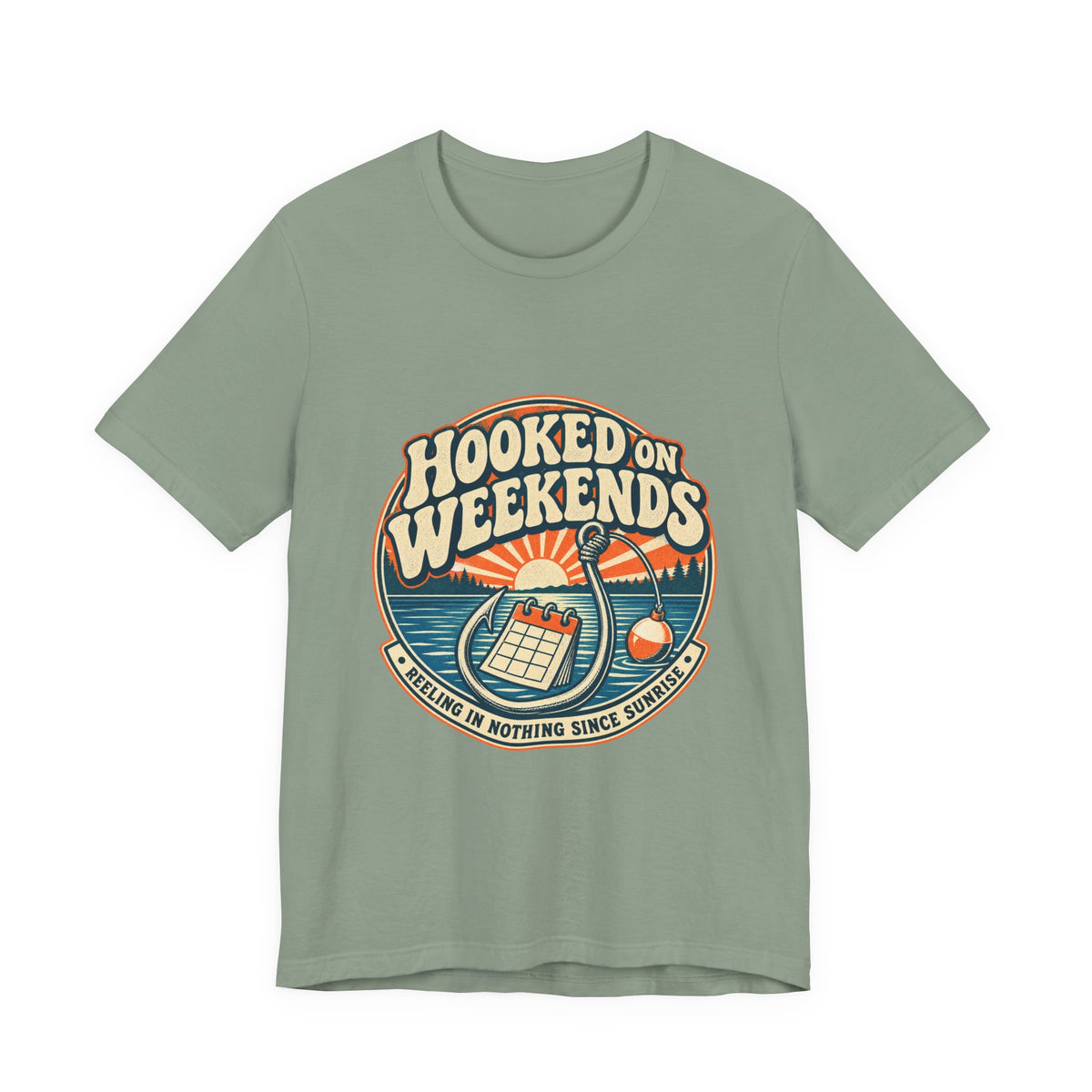 Hooked on Weekends Fishing T-Shirt — Vintage Lake Reel & Sunrise Tee