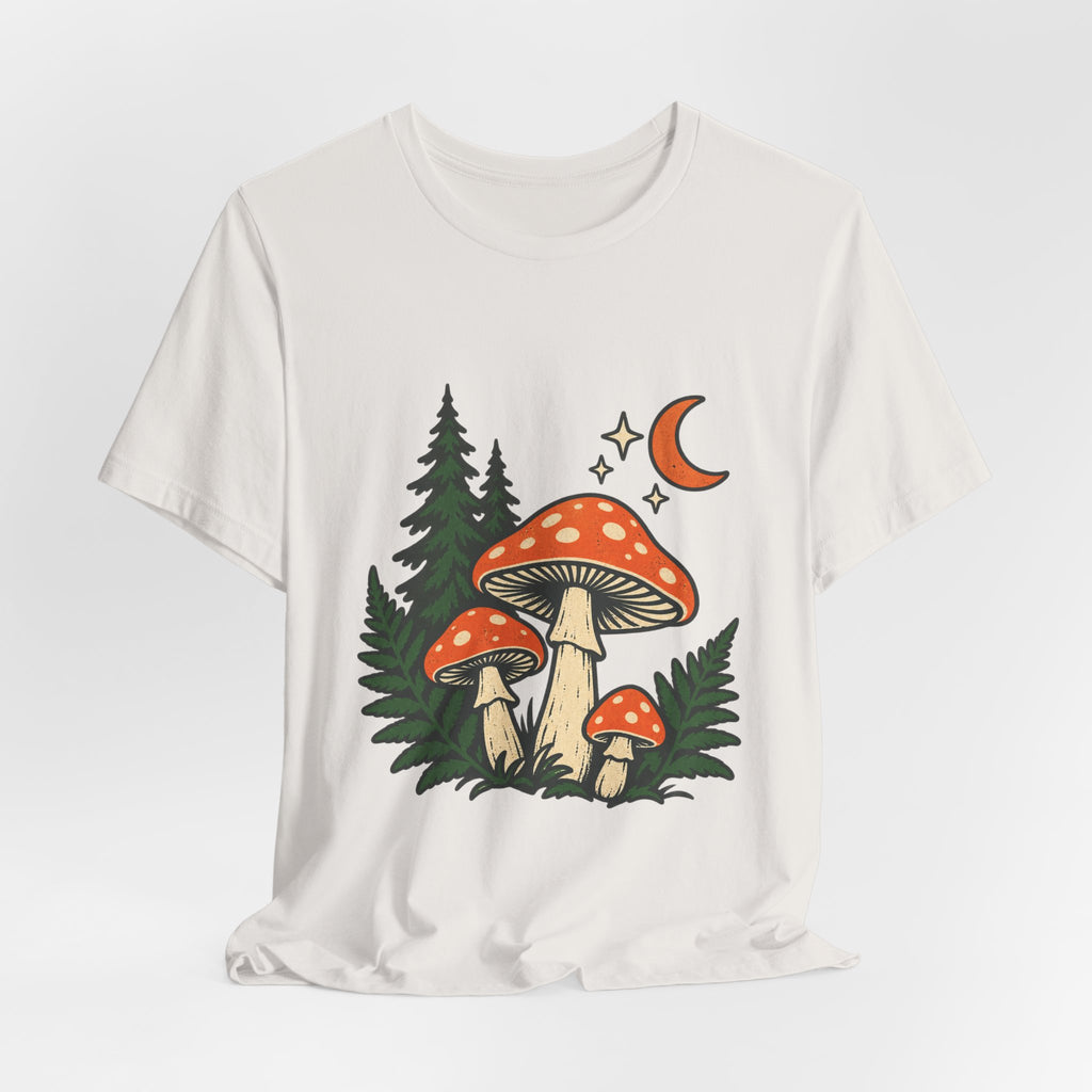 Vintage Mushroom Moon T-Shirt — Enchanted Forest Fungi Night Design