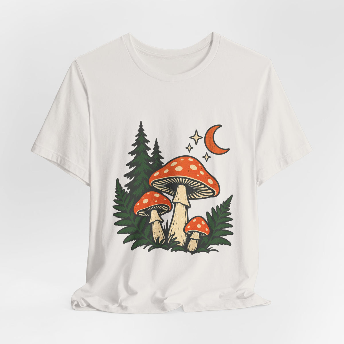 Vintage Mushroom Moon T-Shirt — Enchanted Forest Fungi Night Design