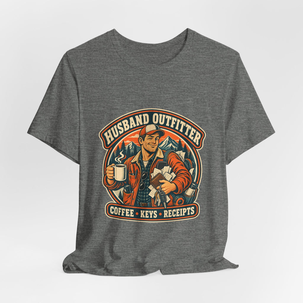 Husband Outfitter Coffee Keys Receipts T-Shirt — Retro Multitasker Husband Humor Tee
