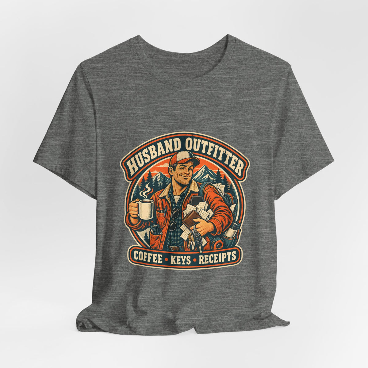 Husband Outfitter Coffee Keys Receipts T-Shirt — Retro Multitasker Husband Humor Tee