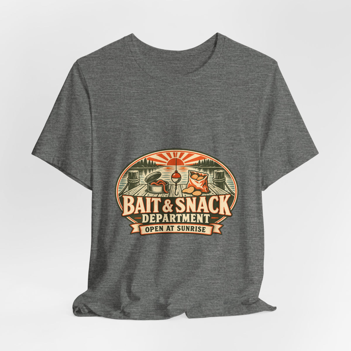 Bait & Snack Department T-Shirt — Open at Sunrise Fishing Dock Vintage Tee