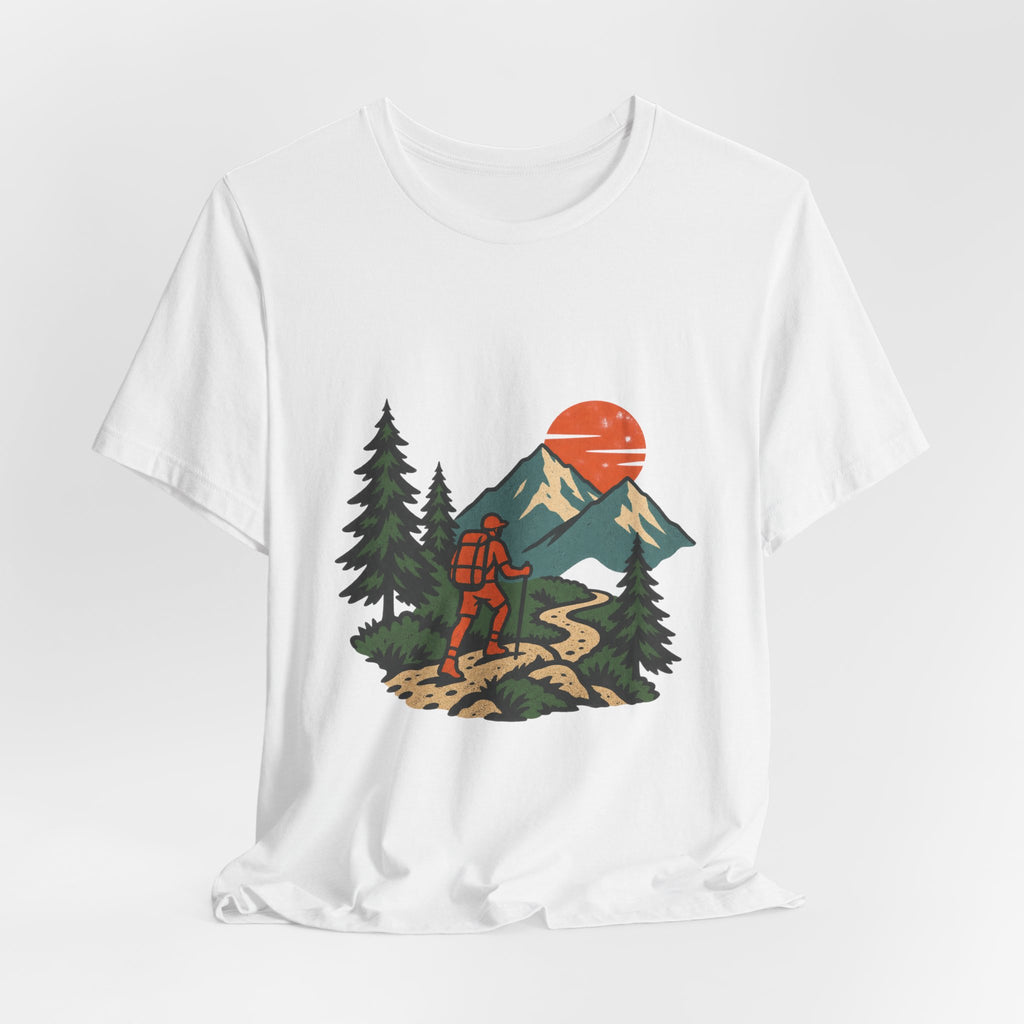 Retro Trail Hiker Mountain Sunset T-Shirt — Vintage Hiking Adventure Tee