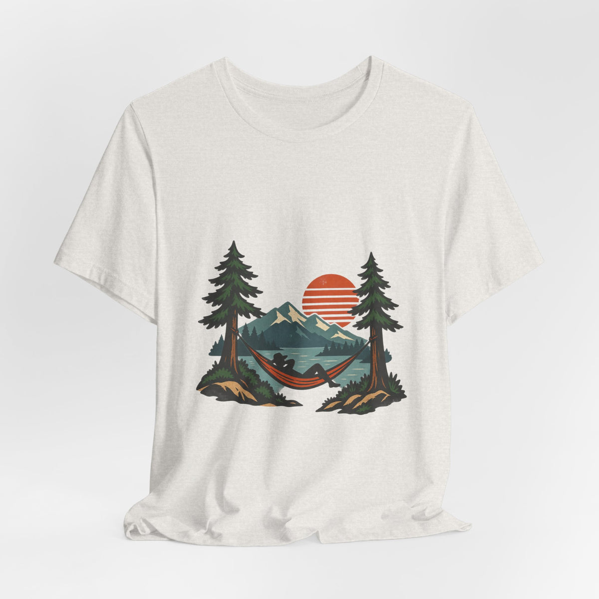 Vintage Hammock Sunset T-Shirt — Mountain Lake Camping and Outdoor Relaxation Tee