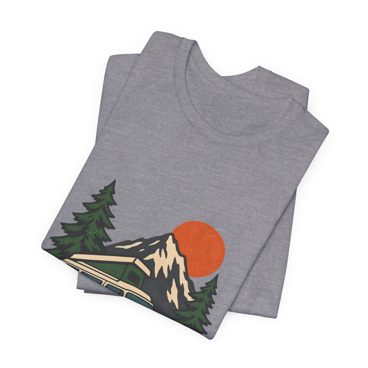 Retro Camper Van Camping T-Shirt — Mountain Road Trip & Campfire Adventure Tee