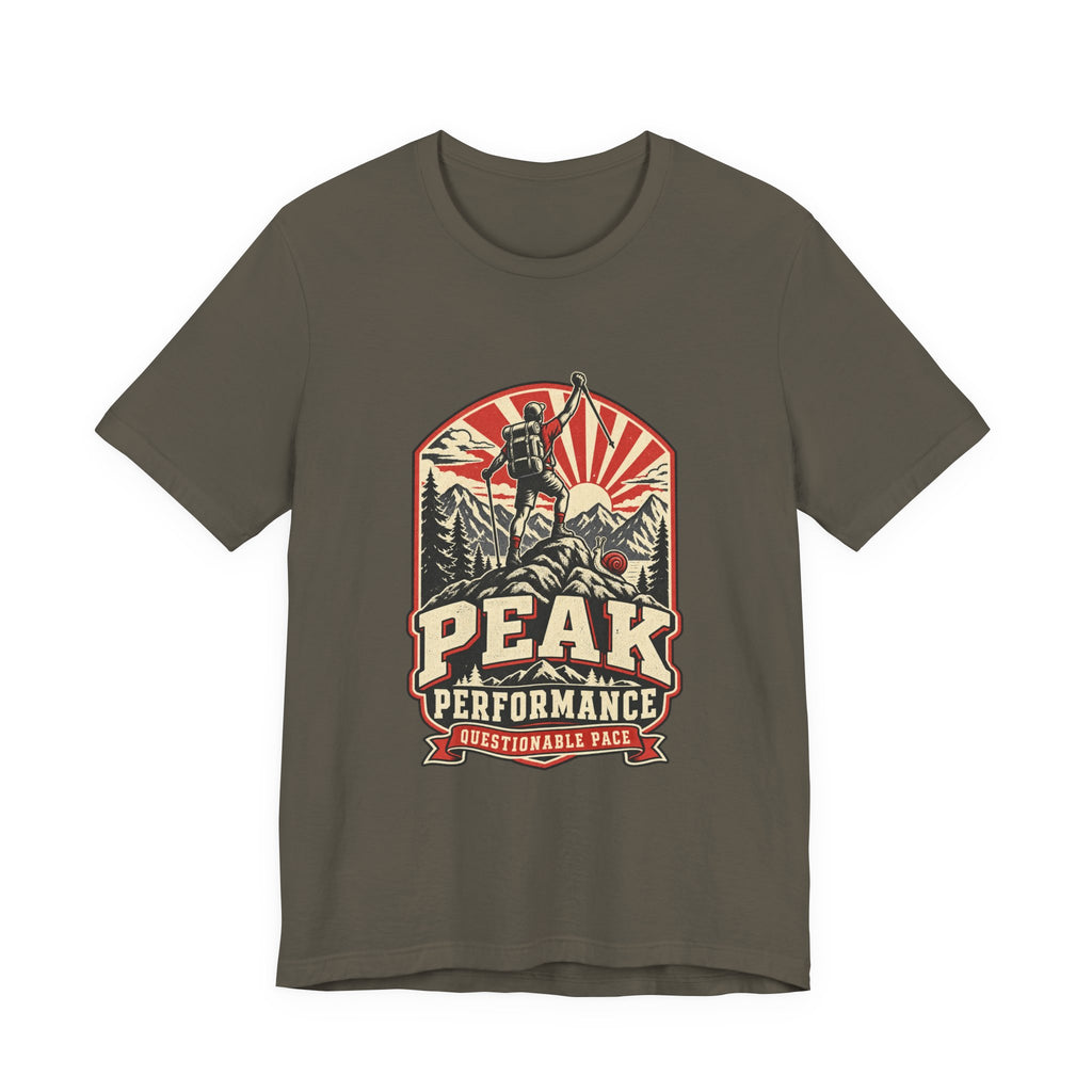 Peak Performance Questionable Pace T-Shirt — Funny Hiking Snail Vintage Mountain Tee