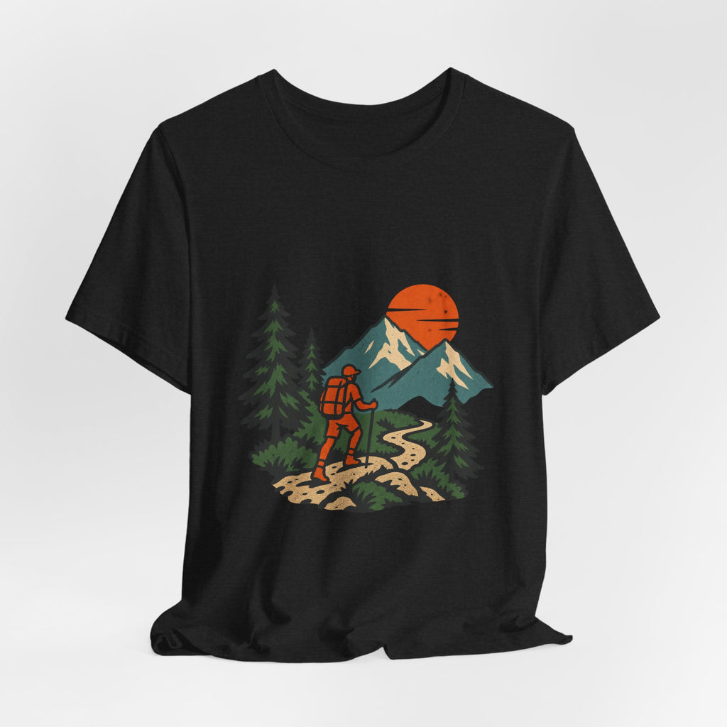 Retro Trail Hiker Mountain Sunset T-Shirt — Vintage Hiking Adventure Tee